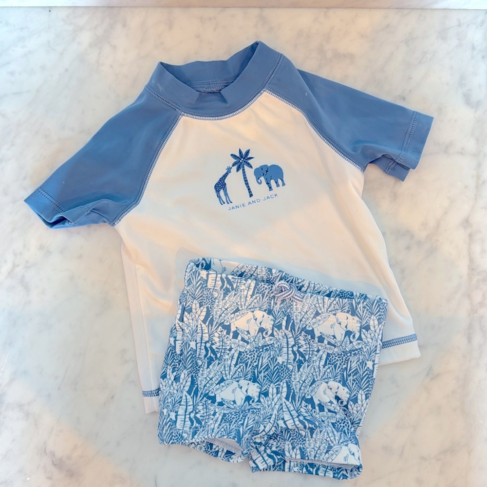 Boys swim shorts and matching swim rash guard shirt
